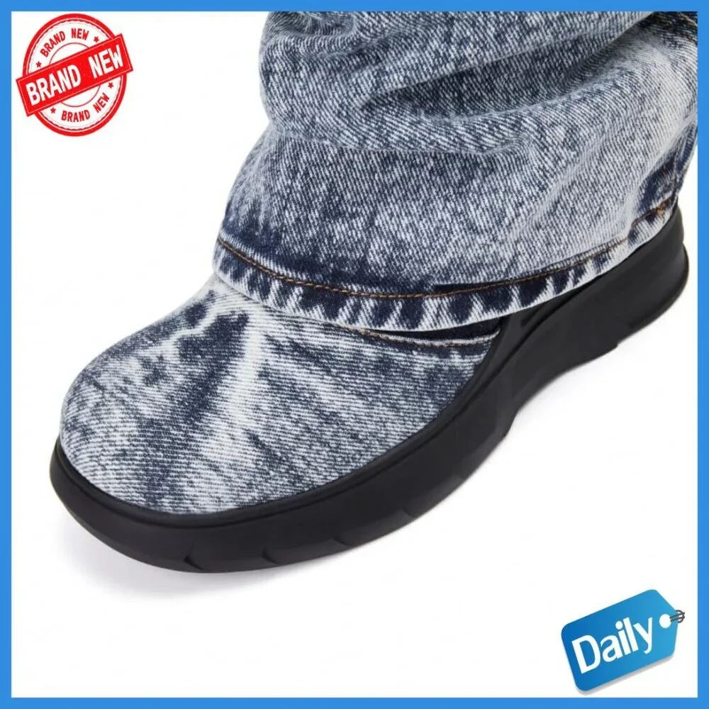 Denim Mid Calf Booties Platform Heel Fold Over Western Style Women's Shoes